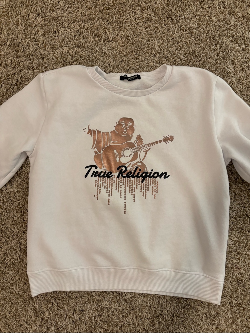 True Religion White Crewneck Sweatshirt with Tan Guitar Buddha Graphic